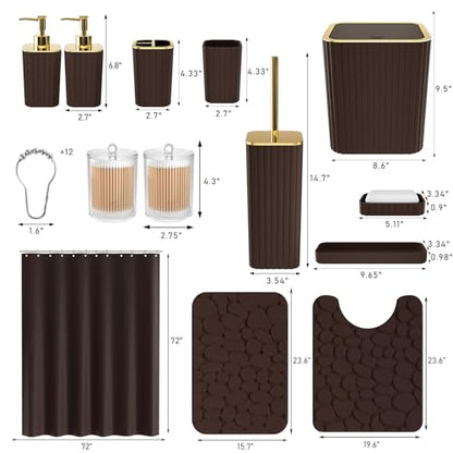 XLHOMO Bathroom Accessories Set - 25PC Brown Bathroom Sets with Shower Curtain and Rugs, Bathroom Accessory Set, Brown Shower Curtain Set, Trash Can, Qtip Holder Dispenser & Soap Dispenser - size: Bath Set+Shower Curtain+Rugs, style: Brown&Gold