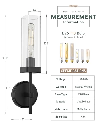 Set of 2 Matte Black Bathroom Wall Sconces with Square Clear Glass | Modern bathroom vanity light fixtures, upward-only mount, E26 base, hardwired, bulbs not included, 2-pack, VL262-MB-2PK - color: Black-Square Clear Glass, 2-Pack