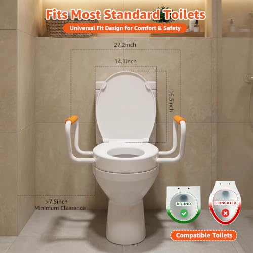 Huttdmel Round Raised Toilet Seat with Handles, 2.8" Elevated Toilet Seat Riser, Soft Close, Quick Release, Non-Slip Heavy Duty Bathroom Safety Seat for Seniors, Elderly, Disabled & Post Surgery