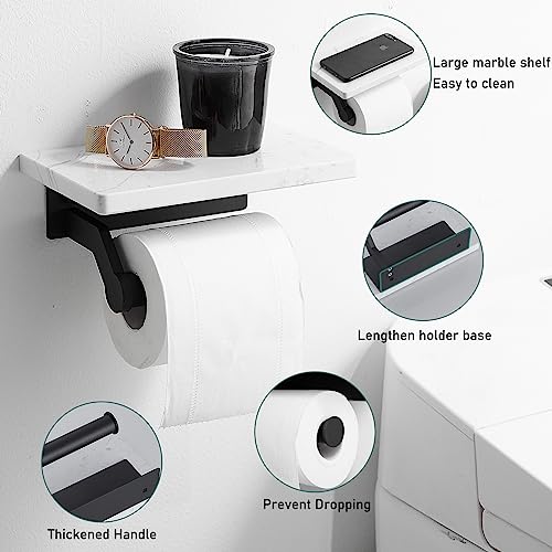Hoimpro Toilet Paper Holder Wall Mounted, Marble Tissue Roll Rack | Matte Black | White Natural Marble Shelf Hand Paper Roll Holder, for Bathroom Kitchen Washroom Bedroom Aluminum - color: Black