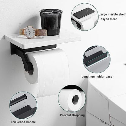 Hoimpro Toilet Paper Holder Wall Mounted, Marble Tissue Roll Rack | Matte Black | White Natural Marble Shelf Hand Paper Roll Holder, for Bathroom Kitchen Washroom Bedroom Aluminum - color: Black