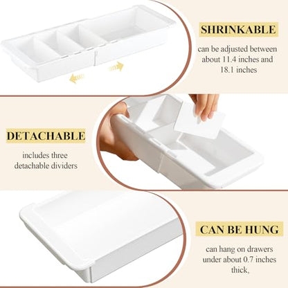 3 Pcs Expandable Drawer Organizer Bins Adjustable Deep Drawer Hanging Organizer Tray Expandable 11.4 to 18.1 Inches Plastic Dividers Storage for Office Bathroom Bedroom Kitchen Desk, White