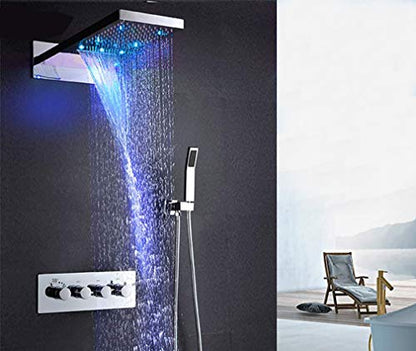 Cascada Luxury 9"x22" Rectangle Wall Mounted Thermostatic Shower System With Automated LED Color Change by Water Flow- Stainless Steel (9"x22", Gold) - color: Gold