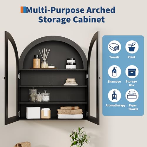 Garvee Arched Bathroom Wall Cabinet with Acrylic Double Doors, 24" Farmhouse Medicine Cabinet with Adjustable Shelf, Wall-Mounted Wood Storage Cabinet Over The Toilet for Bathroom, Kitchen, Black - color: Black