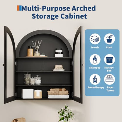 Garvee Arched Bathroom Wall Cabinet with Acrylic Double Doors, 24" Farmhouse Medicine Cabinet with Adjustable Shelf, Wall-Mounted Wood Storage Cabinet Over The Toilet for Bathroom, Kitchen, Black - color: Black