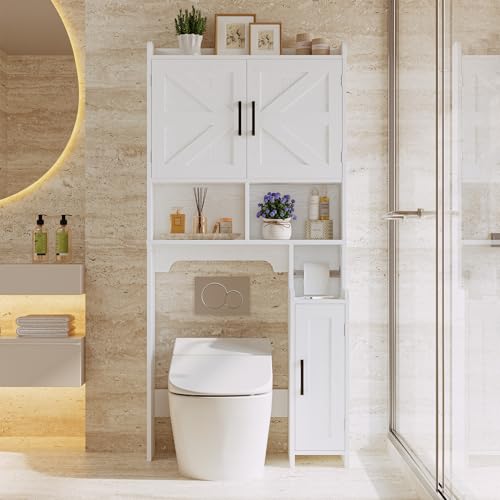 IRONCK 67 in Over The Toilet Storage Cabinet with Adjustable Shelves White | waterproof; side cabinet; toilet paper holder; anti-tip stable frame; bathroom laundry room; barn door farmhouse decor
