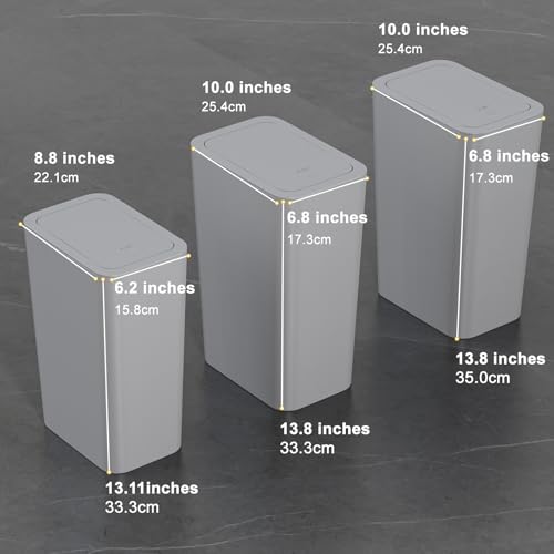 N. NETDOT Bathroom Trash Can with Lid 3 Pack Set, 2 Packs 4 Gal Slim Kitchen Trash Can and 1 Pack 2.6Gal Garbage Can, Small Trash Bin/Waste Basket for Bedroom (Grey, Pack of 3) - color: Gray, size: 2 X 4 Gal & 1 X 2.6 Gal