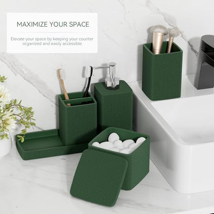 Dark Green Bathroom Accessories Set 5 Pieces, Resin Toothbrush Holders Set Complete with Soap Dispenser, Toothbrush Holder, Vanity Tray, Bathroom Tumbler and Qtip Holder for Small Spaces - size: 5 Pcs Bathroom Set, style: Dark Green