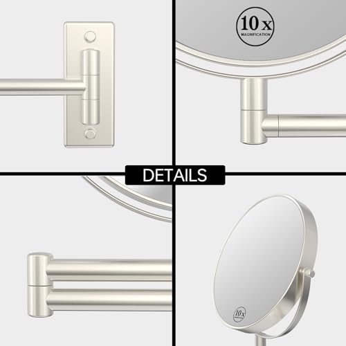 8" Wall Mount Makeup Mirror with 1X 10X Magnification, Brushed Nickel | Double-sided Wall Mounted Magnifying Mirror with Swivel Extendable Arm for Bathroom - color: Brush Nickel-no Lights