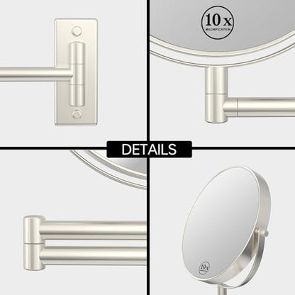 8" Wall Mount Makeup Mirror with 1X 10X Magnification, Brushed Nickel | Double-sided Wall Mounted Magnifying Mirror with Swivel Extendable Arm for Bathroom - color: Brush Nickel-no Lights