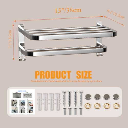 15 Inch Bathroom Towel Rack Towel Shelf with Double Towel Bars Lavatory Wall Mount Holder with Hooks Stainless Steel Hotel Bath Rack - color: Silver 1