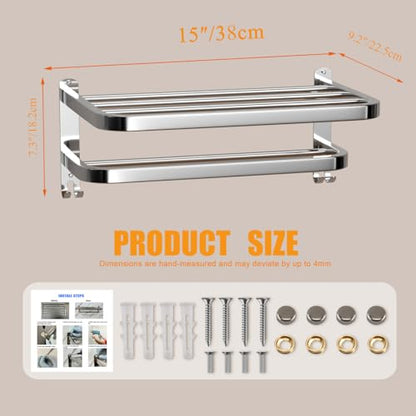 15 Inch Bathroom Towel Rack Towel Shelf with Double Towel Bars Lavatory Wall Mount Holder with Hooks Stainless Steel Hotel Bath Rack - color: Silver 1
