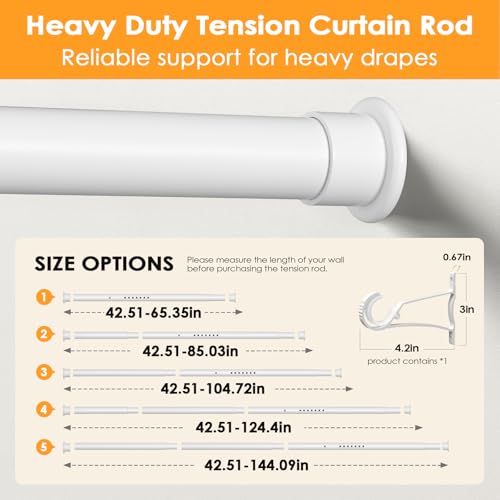 Tension Curtain Rod 43-144 Inches Extra Long White Heavy Duty | Tension Rods Adjustable Curtain Rod No Drilling Spring Loaded Tension Rod for Windows Patio Curtains and Non Slip - color: White, size: 43 to 144 inches
