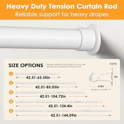 Tension Curtain Rod 43-144 Inches Extra Long White Heavy Duty | Tension Rods Adjustable Curtain Rod No Drilling Spring Loaded Tension Rod for Windows Patio Curtains and Non Slip - color: White, size: 43 to 144 inches