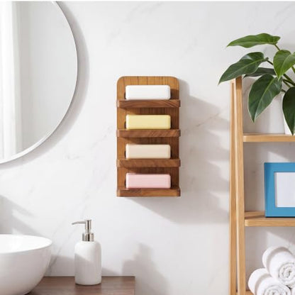 Natural Wood 4-Tier Bar Soap Holder, Tilted Self-draining Wall Mounted Soap Tower Tray with 4 Strong Adhesive Strips, 8.27" x 4.72" x 3.54" Rustic Wooden Soaps Organizer for Shower & Sink