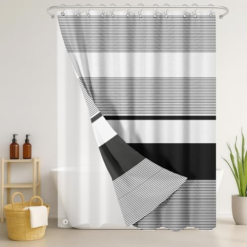 3 in 1 Shower Curtain and Liner,72 x 72 inch, Striped Black | Shower Curtain and PEVA Liner Set with 12 Rust-Resistant Metal Hooks, Waterproof Fabric Curtains for Bathroom - color: Black