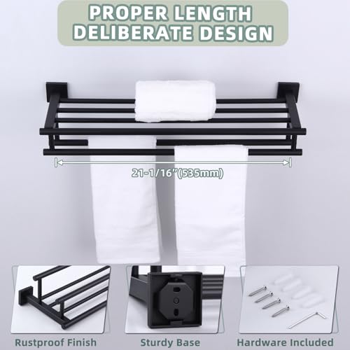 Angle Simple Bathroom Towel Shelf with Double Bar, Matte Black 23.62 Inches | Stainless Steel, 2-in-1 Versatile Bath Towel Holder Rack with Shelf, Ample Storage Space, Screw Mount - color: Matte Black, size: 23.62-Inch