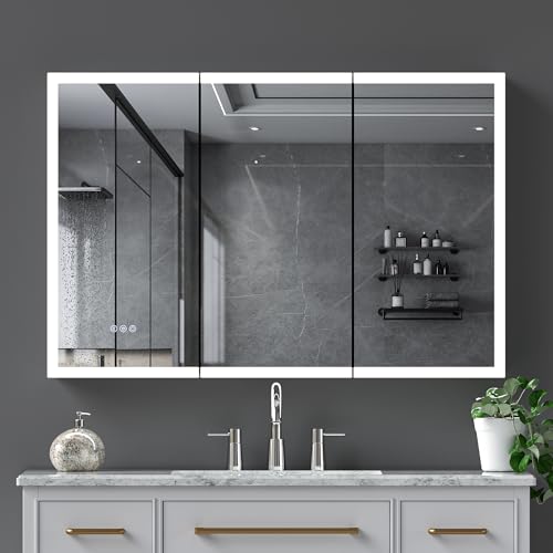 48x32" Wall-Mounted LED Bathroom Medicine Cabinet with Outlets, Anti-Fog | Surface-Mount/Recessed, Double-Sided Mirror Cabinet, 3 Color Temp, DTC Silent-Close Hinges, Adjustable Tempered Glass Shelf - size: 48"Wx32"H