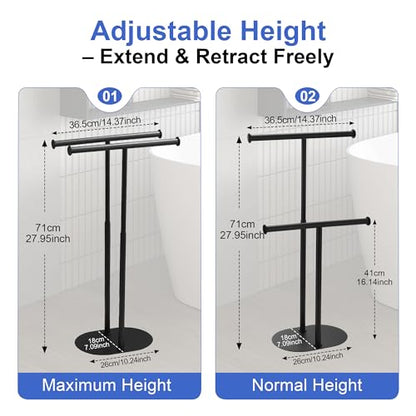 Freestanding Matte Black Towel Rack with Extendable Double Bars, Weighted Base Bathroom Towel Holder Stand, Rust-Resistant Stainless Steel Standing Towel Racks for Bathroom Storage - color: Black