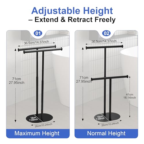 Freestanding Matte Black Towel Rack with Extendable Double Bars, Weighted Base Bathroom Towel Holder Stand, Rust-Resistant Stainless Steel Standing Towel Racks for Bathroom Storage - color: Black
