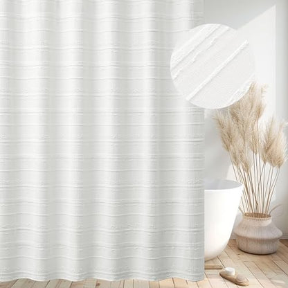 Farmhouse White Shower Curtain Boho, 72 x 72 Cotton Blend Tufted Weave Waffle Stripe Textured Heavy Duty, Fabric Shower Curtain for Bathroom, Hotel - color: White B, size: 72"W x 72"L (Pack of 1)