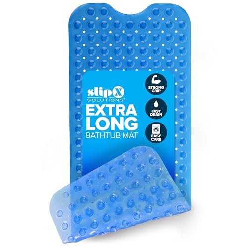 SlipX Solutions 39x16 Extra Long Non Slip Bath Mat, Tub & Shower, Blue | Anti Slip Mat for Elderly & Kids Bathroom, 30% More Coverage, 200 Suction Cups, Hundreds of Drain Holes - color: Blue