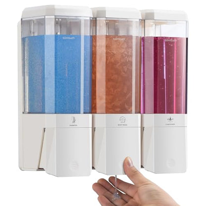 Shampoo and Conditioner Dispenser,GlintGath Shower Dispenser 3 Chamber No Drill Shampoo Dispenser for Shower Wall Mounted Shower Soap Dispenser for Bathroom Hotel,Large Capacity 3 * 500ML,White