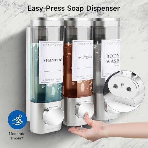 Shampoo and Conditioner Dispenser, 3 Chamber 300ml, Wall Mounted, Silver | Shower Soap Dispenser, Refillable Hand Soap Dispensers, Body Wash Dispenser for Bathroom, Kitchen, Hotel, Home - color: Silver, size: 3 Chamber