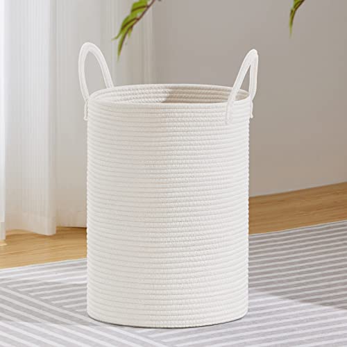 VIPOSCO 58L Tall Woven Laundry Basket Hamper, White | Cotton rope laundry hamper, collapsible wicker basket, storage for blanket, toys, dirty clothes, for bedroom, bathroom - color: White, size: 58L