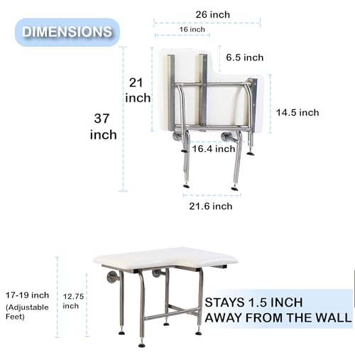 Padded Folding Shower Seat with Legs - Wall Mount Bench for Inside Shower / Bathroom Assist / 304 Stainless Steel / Marine Vinyl / Right / 26" x 21" - size: 26 x 21" Right Hand