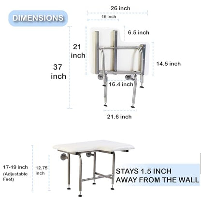 Padded Folding Shower Seat with Legs - Wall Mount Bench for Inside Shower / Bathroom Assist / 304 Stainless Steel / Marine Vinyl / Right / 26" x 21" - size: 26 x 21" Right Hand