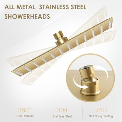 12 inch Brushed Gold Rain Shower Head - All Metal 304 Stainless Steel, Full Body Waterfall Shower with 144 Silicone Nozzles - Square Showerheads Ceiling or Wall Mount Modern Bathroom - color: Brushed Gold, size: 12 Inch Square