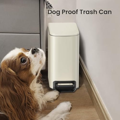 Cesun Small Bathroom Trash Can with Lid, 1.6 Gal, Soft Close, Creamy White | Step pedal soft close, Slim 5.9in fits narrow spaces, Stainless steel, Anti-fingerprint, Removable inner bucket, Odor seal - color: Creamy White