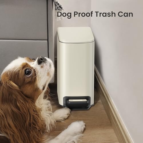 Cesun Small Bathroom Trash Can with Lid, 1.6 Gal, Soft Close, Creamy White | Step pedal soft close, Slim 5.9in fits narrow spaces, Stainless steel, Anti-fingerprint, Removable inner bucket, Odor seal - color: Creamy White
