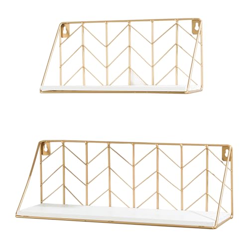 ZGZD White and Gold Floating Shelves Set of 2, Modern Geometric Wall Shelf for Bathroom, Bedroom,Kitchen, Office，Living Room Decor