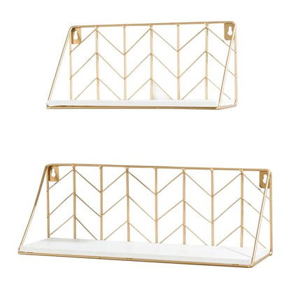 ZGZD White and Gold Floating Shelves Set of 2, Modern Geometric Wall Shelf for Bathroom, Bedroom,Kitchen, Office，Living Room Decor