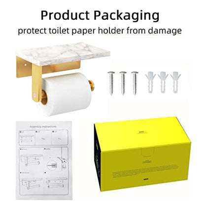 Gypie Toilet Paper Holder with Marble Shelf, Wall Mounted Gold | Stainless Steel Screw, Tissue Roll Paper Holder Dispenser for Bathroom Washroom - color: Gold