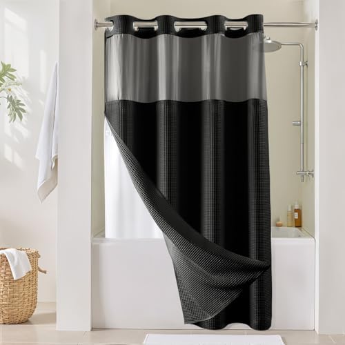 River Dream Cotton Blend Fabric Shower Curtain Set with Liner, Black, 54x80 | Waffle Weave, No Hook Needed, with Snap in Replacement Liner, Top Sheer Window, Hotel Quality Fabric for Bathroom - color: Black, size: 54"W x 80"L (Pack of 1)