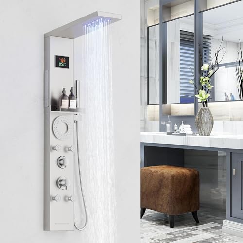 RUMOSE Brushed Nickel Shower Panel Tower System, 5-Mode Shower Faucet Set | LED Light Rainfall Shower Head Digital Display with Massage Jets Tub Spout Shower Shelves, Stainless Steel, Wall Mount - color: Brushed Nickel