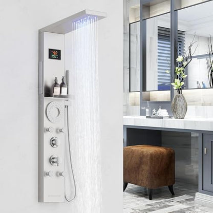 RUMOSE Brushed Nickel Shower Panel Tower System, 5-Mode Shower Faucet Set | LED Light Rainfall Shower Head Digital Display with Massage Jets Tub Spout Shower Shelves, Stainless Steel, Wall Mount - color: Brushed Nickel