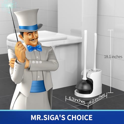 MR.SIGA Toilet Plunger and Bowl Brush Combo for Bathroom Cleaning, White | Heavy duty toilet brush and plunger set, toilet bowl brush and plunger with holder - color: White