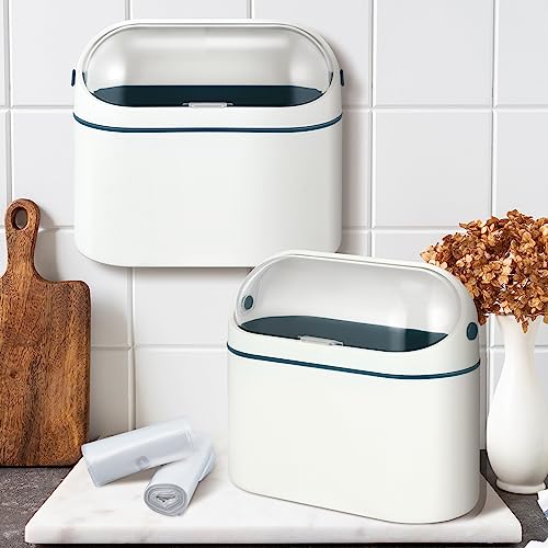 Bokon 2 Pack Mini Trash Can with Lid, 0.5 Gal Small Wall Mounted Trash Bin for Bathroom Vanity, Desk, Countertop, Cabinet Door and Office, Includes 120 Trashbags, White