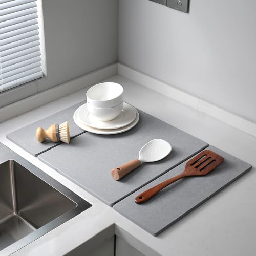 Foldable Stone Dish Drying Mat for Kitchen Counter, Diatomaceous Earth Drying Mat with Non-Slip Backing, Heat Resistant Multifunctional Mat for Kitchen & Bathroom, Instant water absorption-(24"×16") - color: Light Gray1