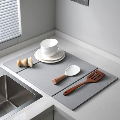 Foldable Stone Dish Drying Mat for Kitchen Counter, Diatomaceous Earth Drying Mat with Non-Slip Backing, Heat Resistant Multifunctional Mat for Kitchen & Bathroom, Instant water absorption-(24"×16") - color: Light Gray1