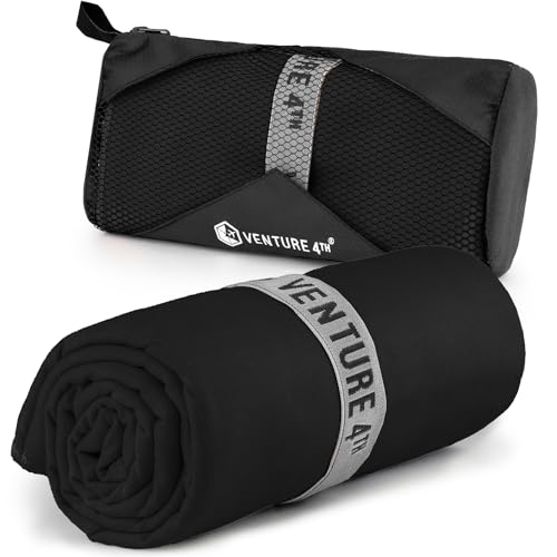 VENTURE 4TH Quick Dry Microfiber Towel for Camping & Gym - Black Large | Lightweight, absorbs 7x more than cotton, dries fast & resists odor. Packable Travel Towel with tear-resistant carry bag. - color: Black, size: 60.00" x 31.50"