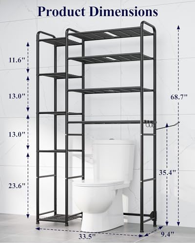 Kitsure Over the Toilet Storage – 9-Tier Black Metal Bathroom Organizer Shelves with Adjustable Side Shelves, Space-Saving Over Toilet Rack for Small Bathrooms, Apartments & Rental Homes, 68.7" H