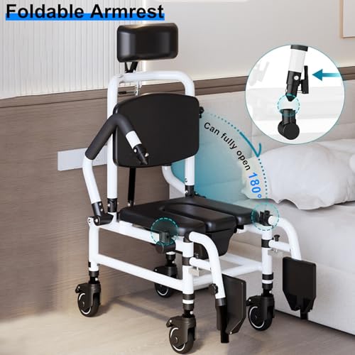 Reclining Shower Chair with Wheels,Commode Wheelchair Toilet Chair | Padded Transfer Chair with Headrest, Flip-up Armrests & Foot Rests, Tilt Rolling Wheelchair for Elderly, Disabled, Handicap