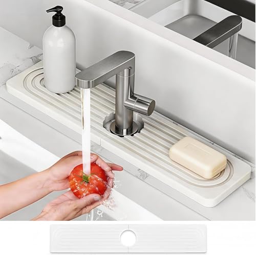 Diatomite Stone Faucet Mat for Kitchen Sink - 23.6" x 4" Fast Drying Stone Sink Tray, Water Absorbing Faucet Splash Guard Behind Faucet, Diatomaceous Earth Counter Protector (White) - size: 23.6" x 4"