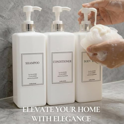 Modern Gold Design Pump Bottle Set 27 oz Refillable Shampoo and Conditioner Dispenser Empty Shower Plastic Bottles with Pump for Bathroom Lotion Body wash, Pack of 3 (White & Silver) - color: White & Silver