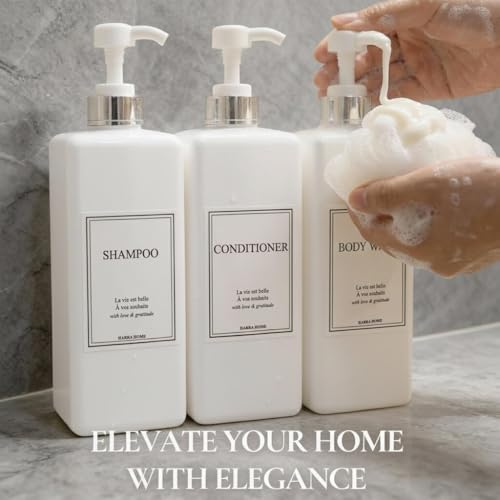 Modern Gold Design Pump Bottle Set 27 oz Refillable Shampoo and Conditioner Dispenser Empty Shower Plastic Bottles with Pump for Bathroom Lotion Body wash, Pack of 3 (White & Silver) - color: White & Silver